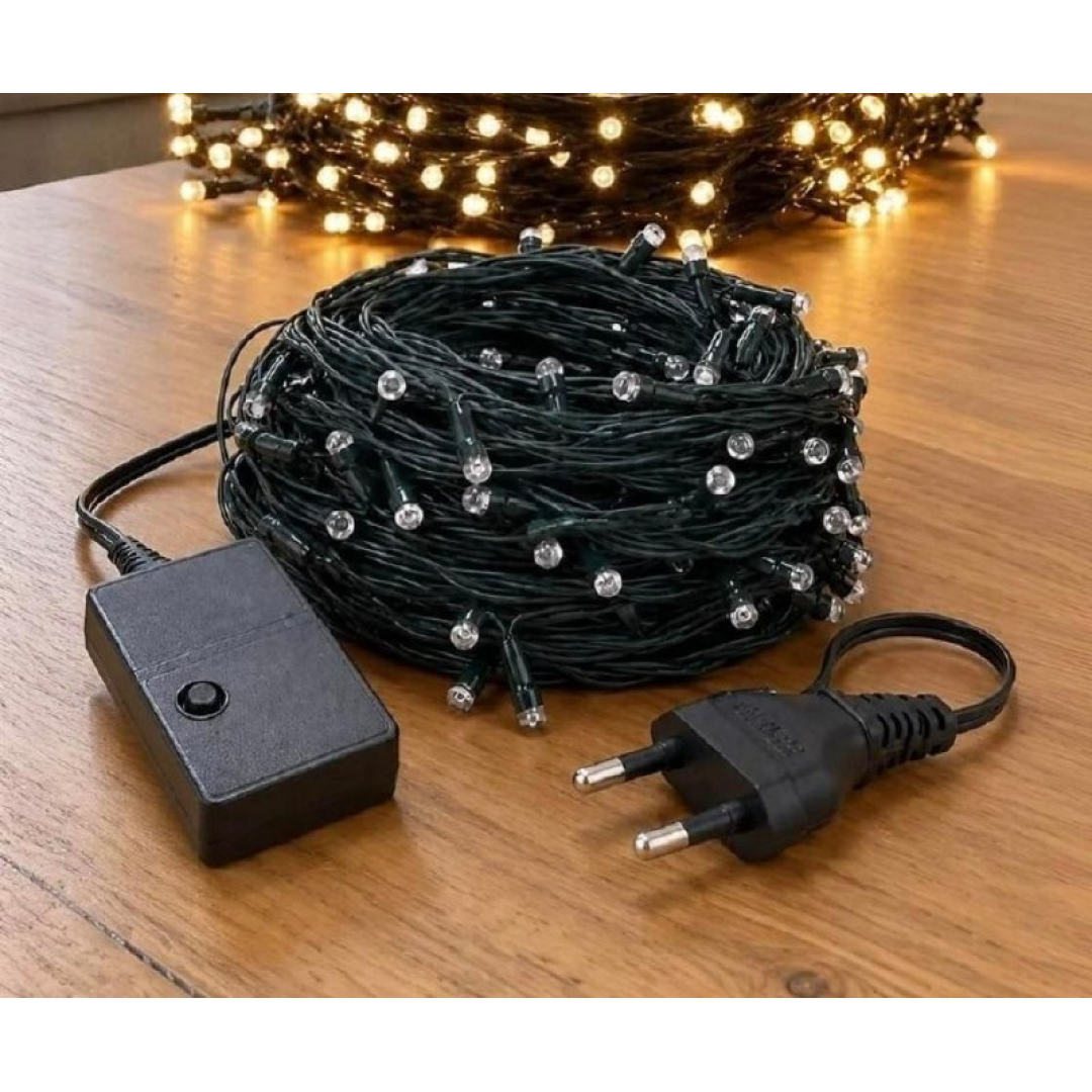 Cordão 200 LEDs Pisca 20 Metros 8 Funções Natal Fio Verde