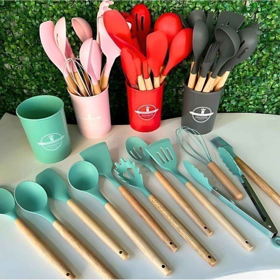 Kit com 12 Utensílios Silicone Cabo Madeira