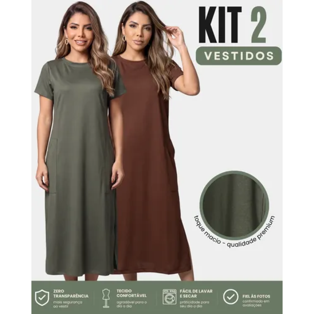 Kit 2 Vestido Midi Elegante Bolso Lateral Moda Comfy Casual
