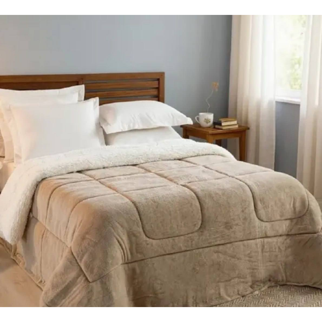 Coberdrom Casal Queen Cobertor Sherpa Edredom Inverno Pele Lã Carneiro Ultra Macio Quente Suave Luxo Confortável Cor Caqui Premium Liso