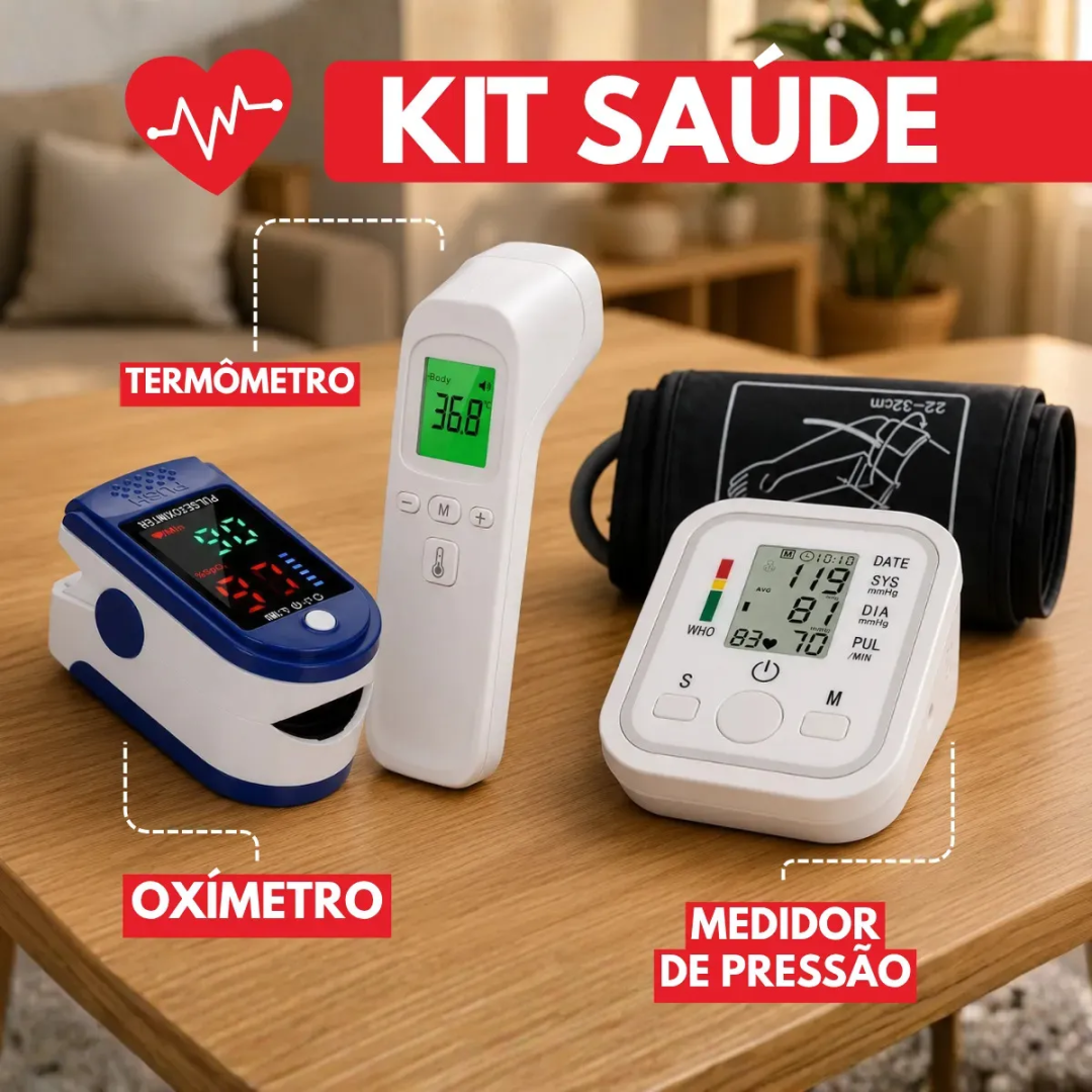 Kit Saúde 3 Em 1 Aparelho De Pressão Arterial Digital + Oxímetro De Dedo + Termômetro Infravermelho Testa Sem Contato Medidor Sinais Vitais Portátil Bpm Saturação Oxigênio Combo
