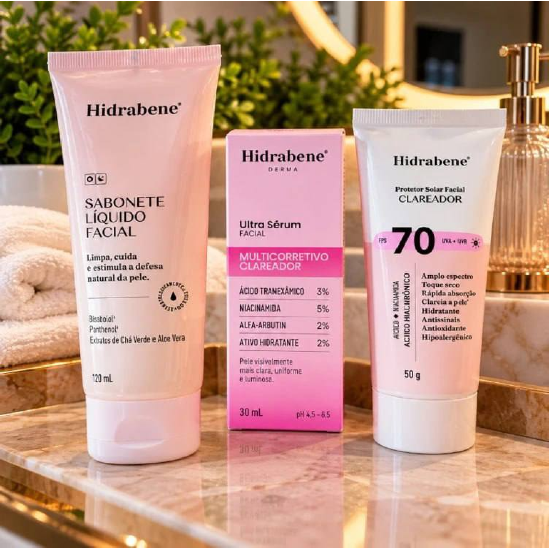 Kit Hidrabene Linha Clareadora Sabonete Serum E Protetor 70