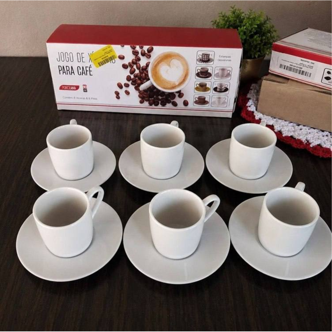 Jogo Xícaras Café Com Pires Porcelana Branca 12 Peças