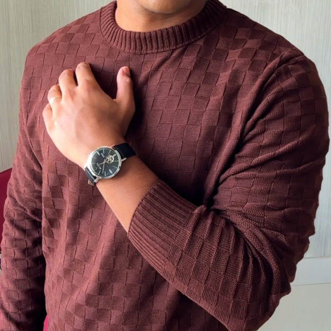 Suéter Lã Tricot Manga Longa Xadrez