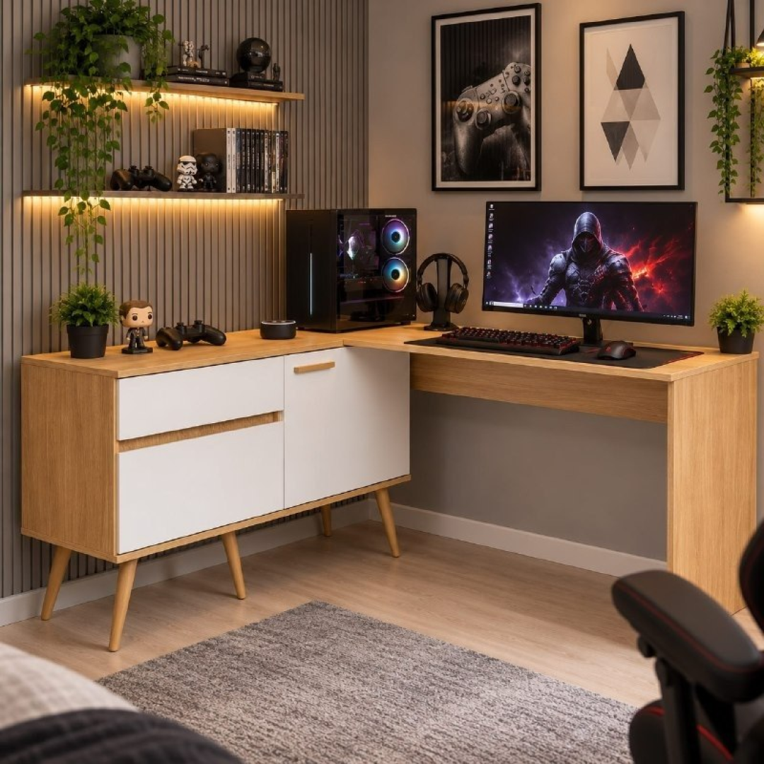 Mesa Gamer em L 2 Portas 1 Gaveta Arena Multimóveis MP6050