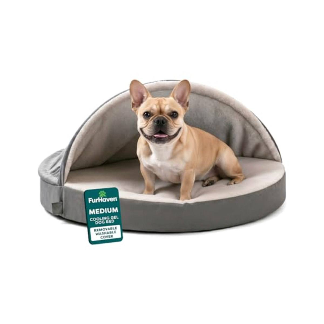 Furhaven Cama Redonda de Espuma de Gel Refrescante para Cães, Sherpa e Camurça Confortável com Capa Removível Lavável - Cinza, 66 cm
