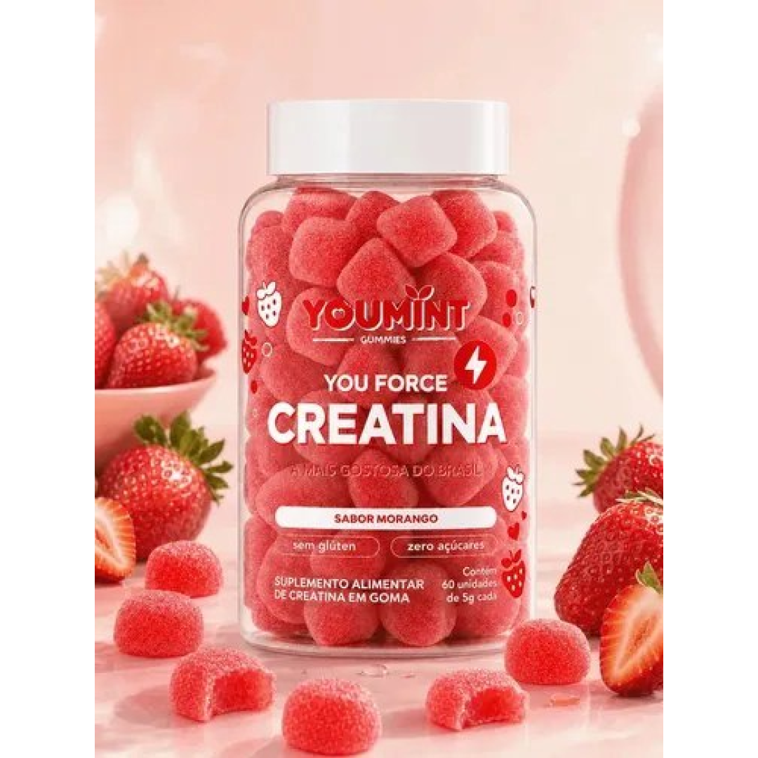Creatina Gummy Zero Açúcar 60 Gomas Youmint Sabor Morango