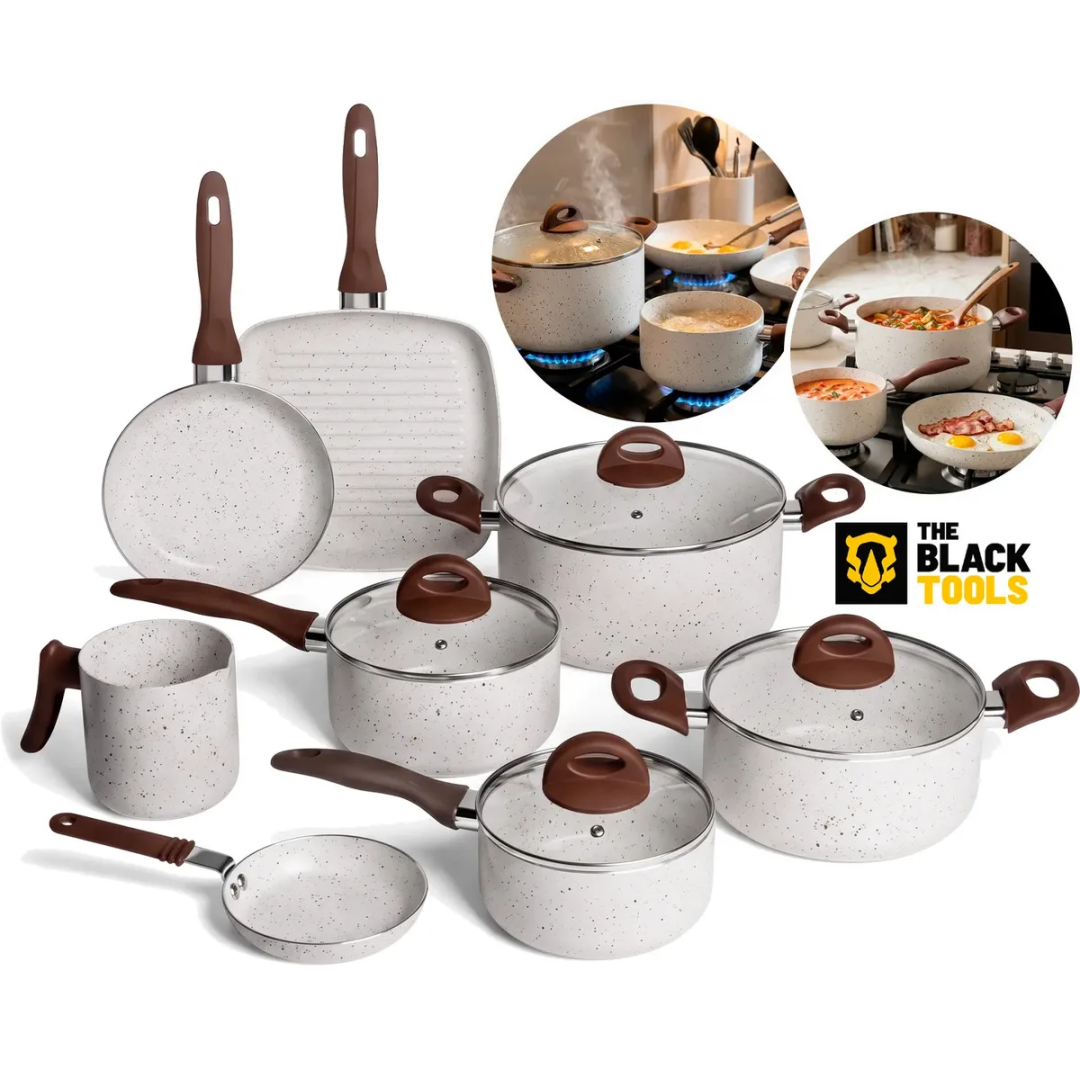 Conjunto De Panelas 8 Peças Cerâmico Antiaderente Bell'aroma Onice Com Tampa De Vidro - The Black Tools