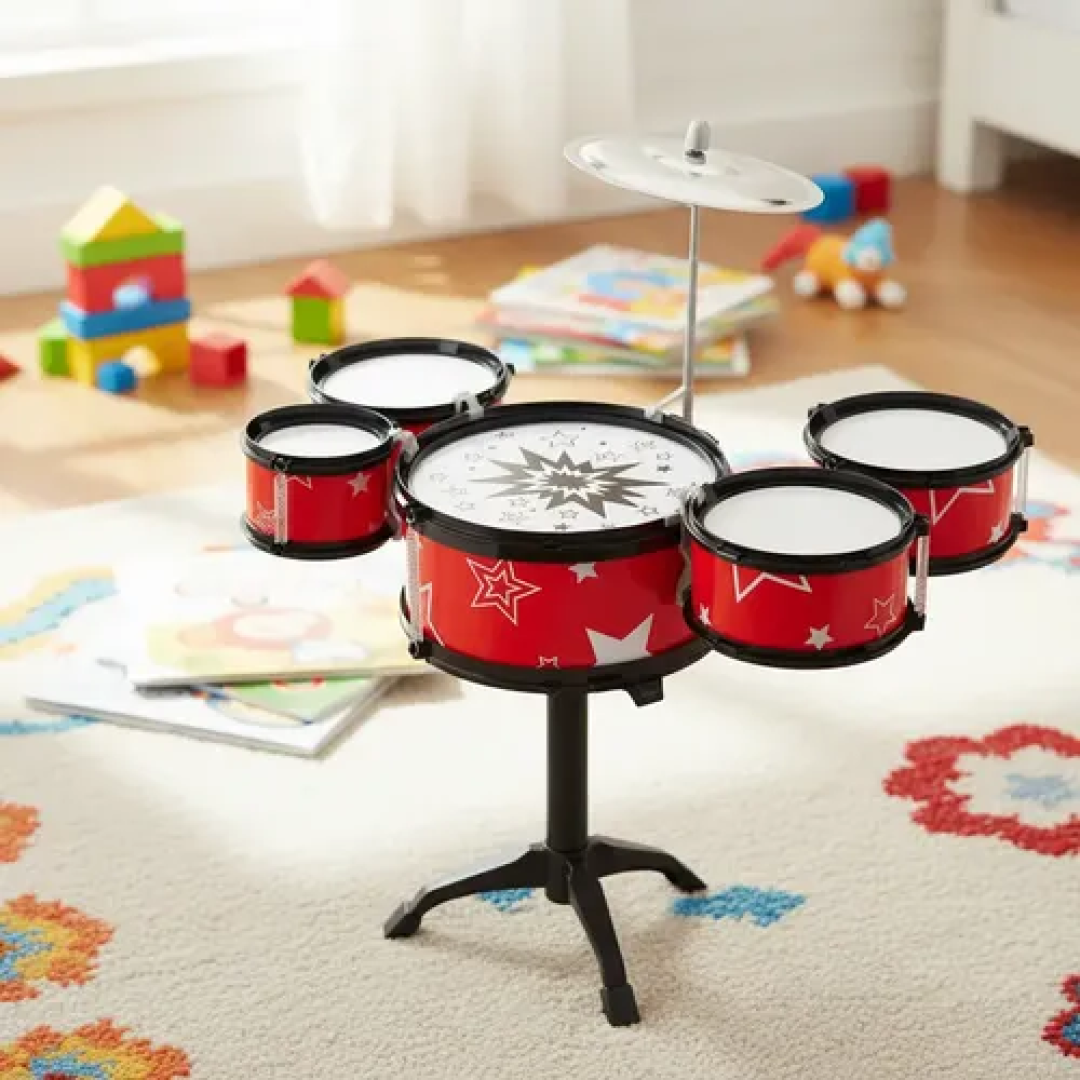 Mini Bateria Infantil Brinquedo Com Prato Tambor E Baqueta Vermelho