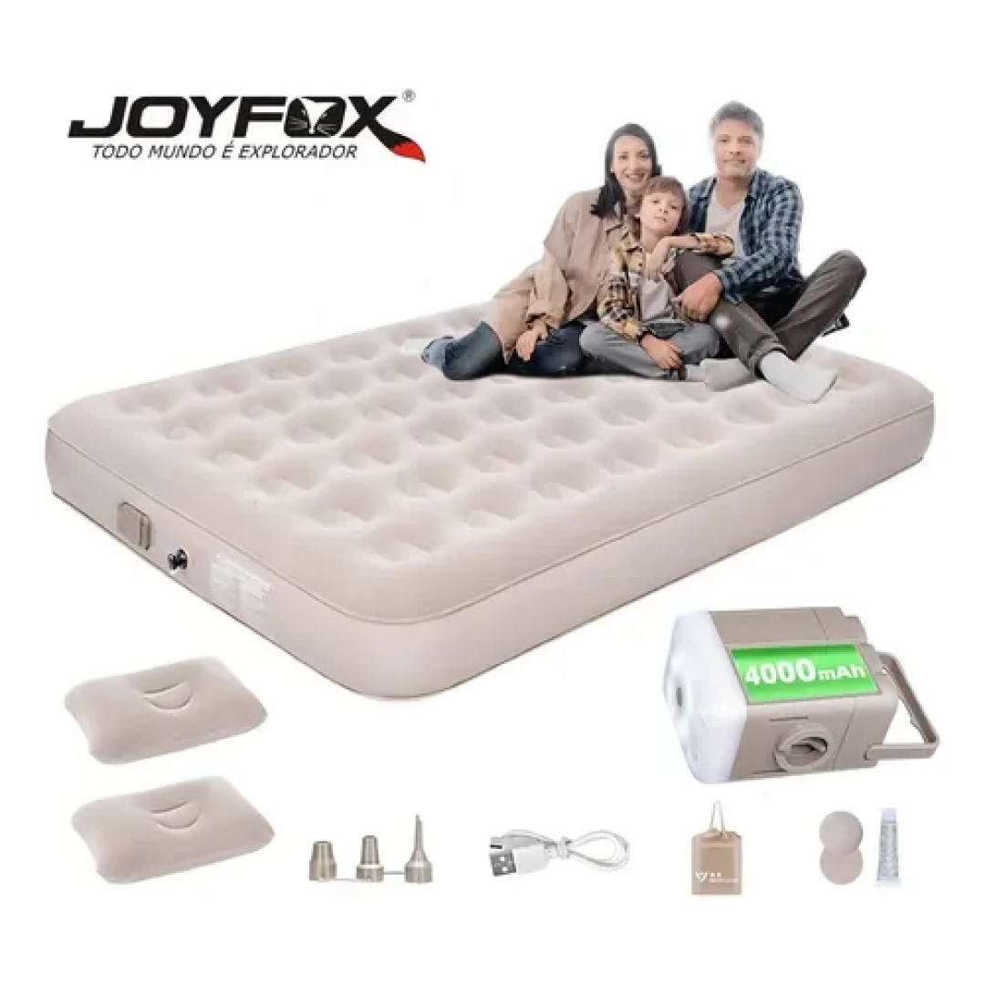 Colchão Inflável Queen Joyfox com Bomba Elétrica Recarregável p/ Camping e Casa
