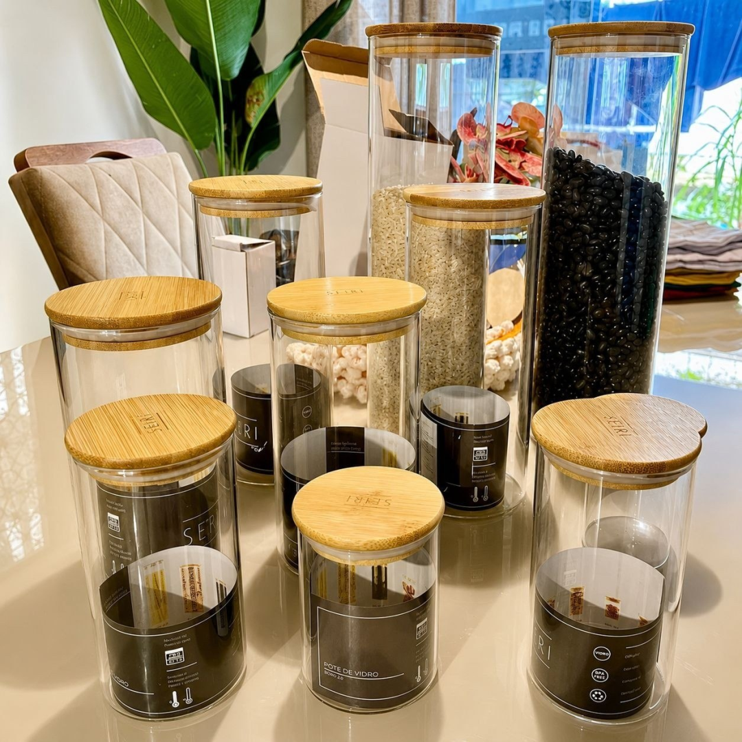 Kit com 10 Unidades Potes Herméticos de Vidro com Tampa de Bambu