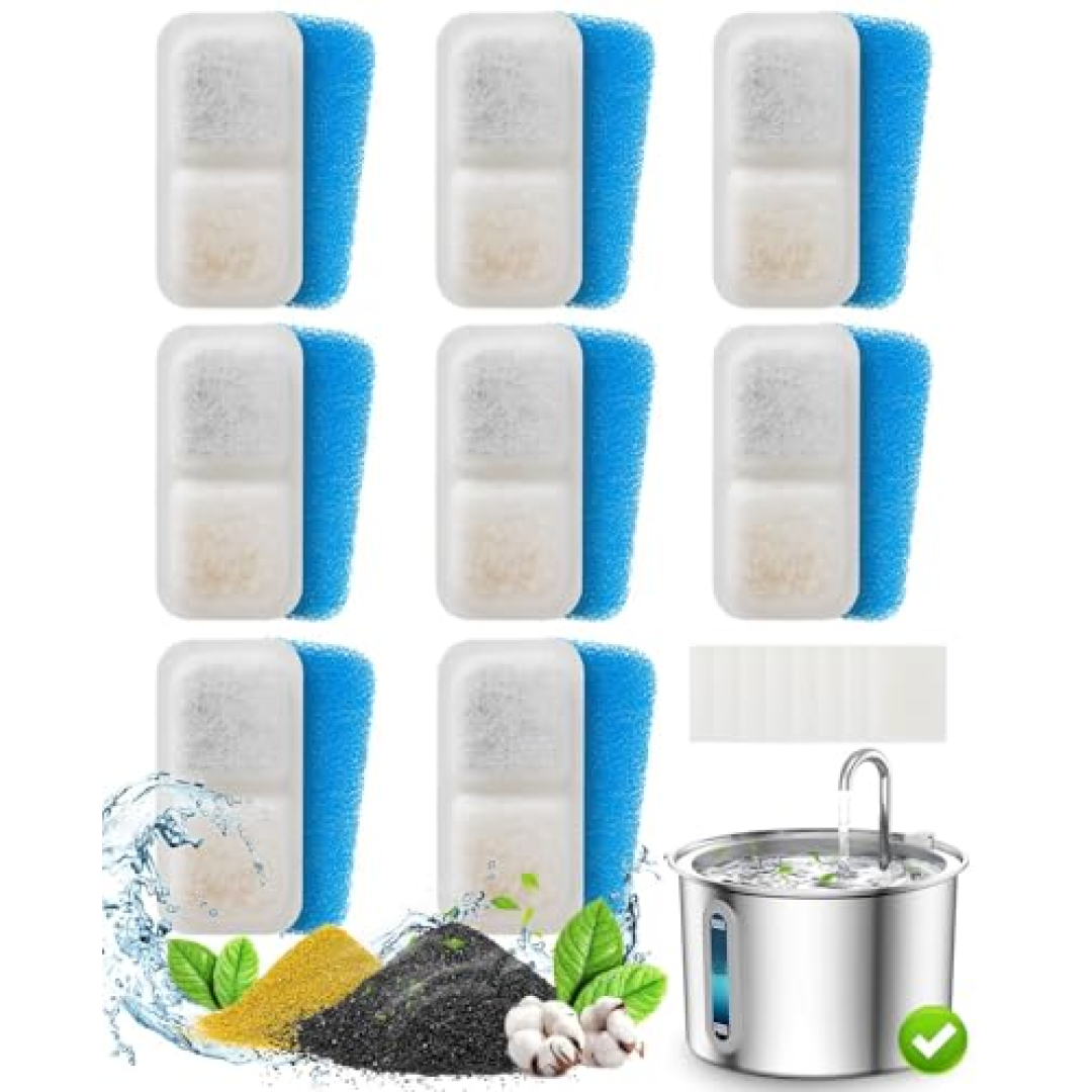 oneisall 8 Filtros De Substituição Do Bloco Para Pwf-001 2L/67Oz Fonte De Água Do Gato Fonte De Água De Aço Inoxidável Para Gatos Dentro, 3 Sistema De Filtragem