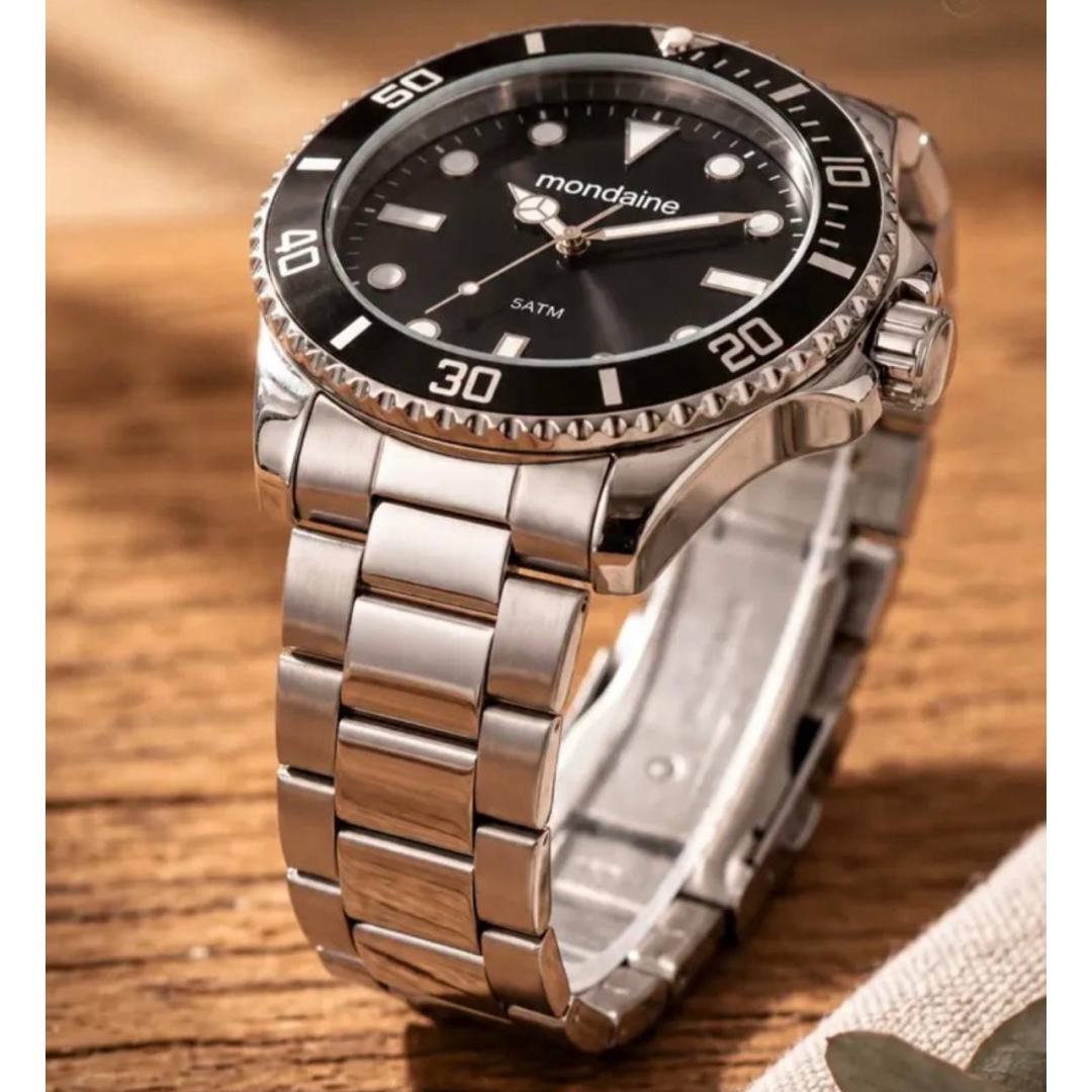Relógio Mondiane Masculino 32549g0mvne1 Aco Inox Prata Fundo Preto Analogico Prova Dágua 50m