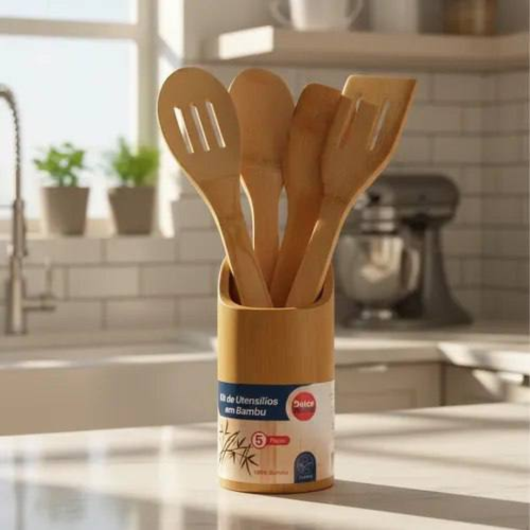 Kit De Utensílios Bambu 5 Peças Pau Colher Garfo Espátulas Bambu
