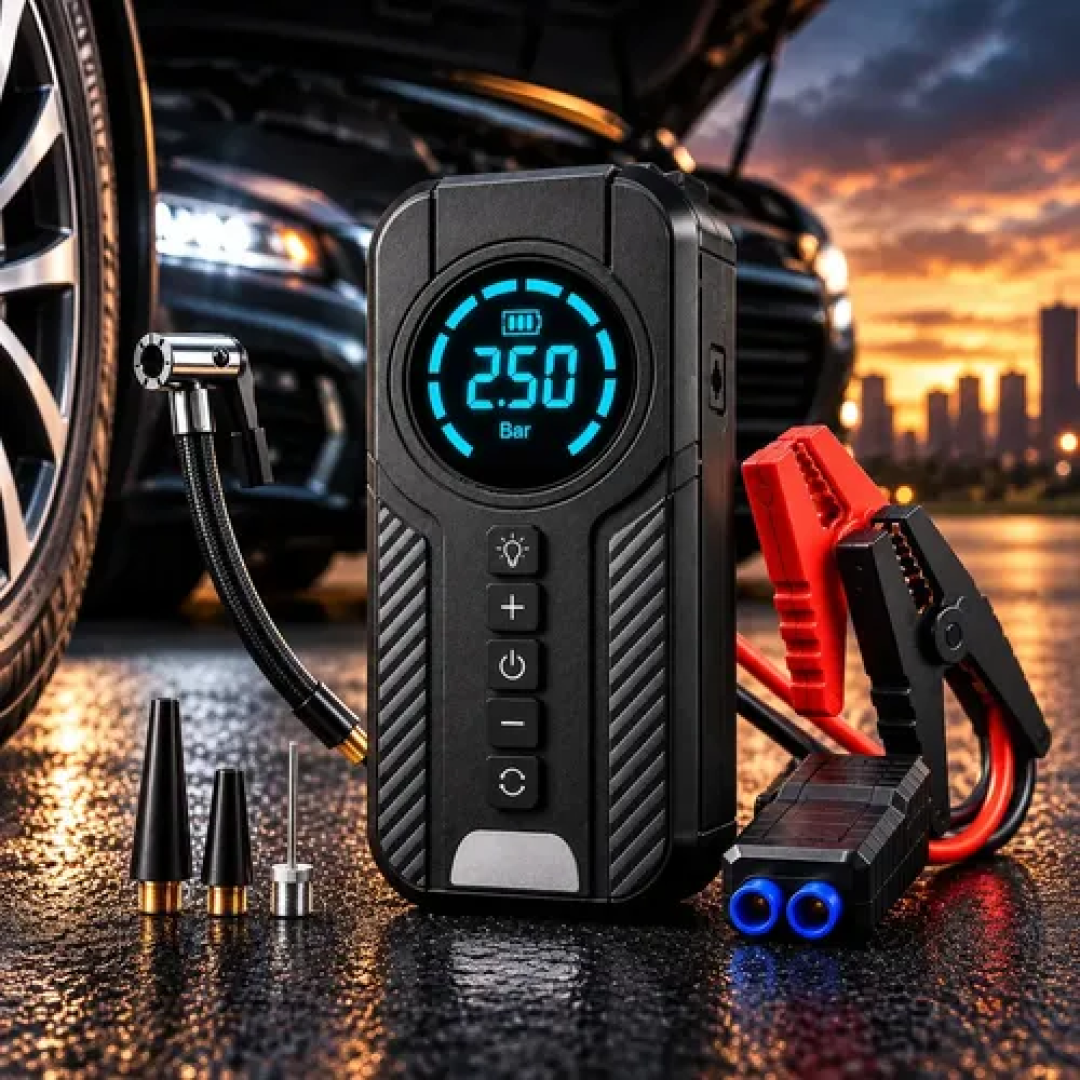 Auxiliar De Partida Bateria Carro Compressor De Ar Portátil 12V 4 funções em 1