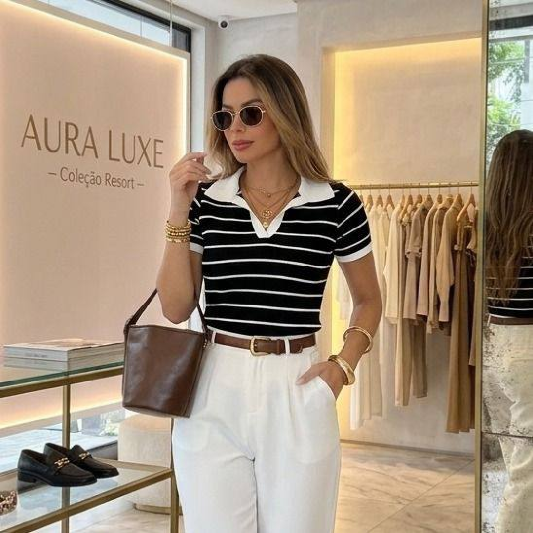 Blusa Feminina Manga Curta Polo Listrada Elegante Moda Verão Preto/off Listras Único