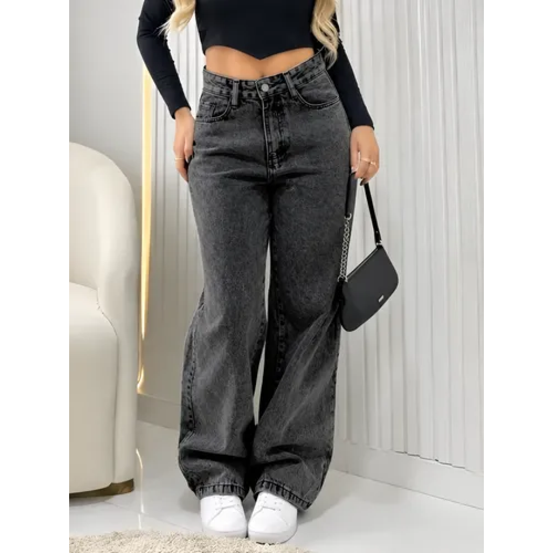 Calça Jeans Wide Leg Feminina Cintura Alta