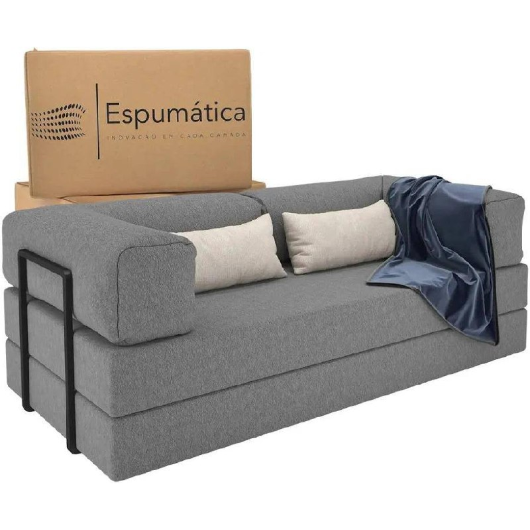 Sofá Cama Casal 2 Em 1 Puff Pufe Na Caixa Industrial Moderno Cor Cinza