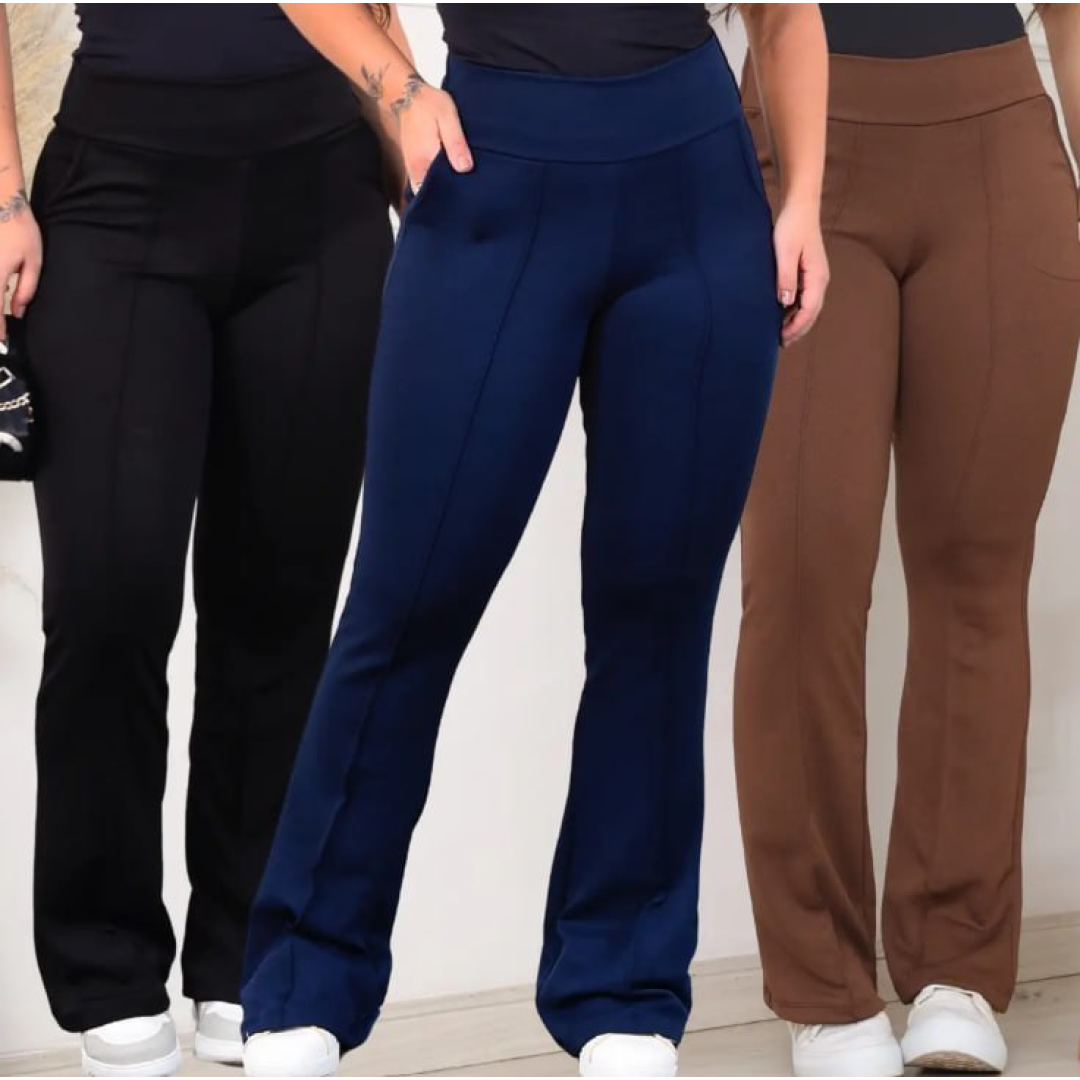 Kit 3 Calças Femininas Flare Bailarina Cintura Alta com Bolsos