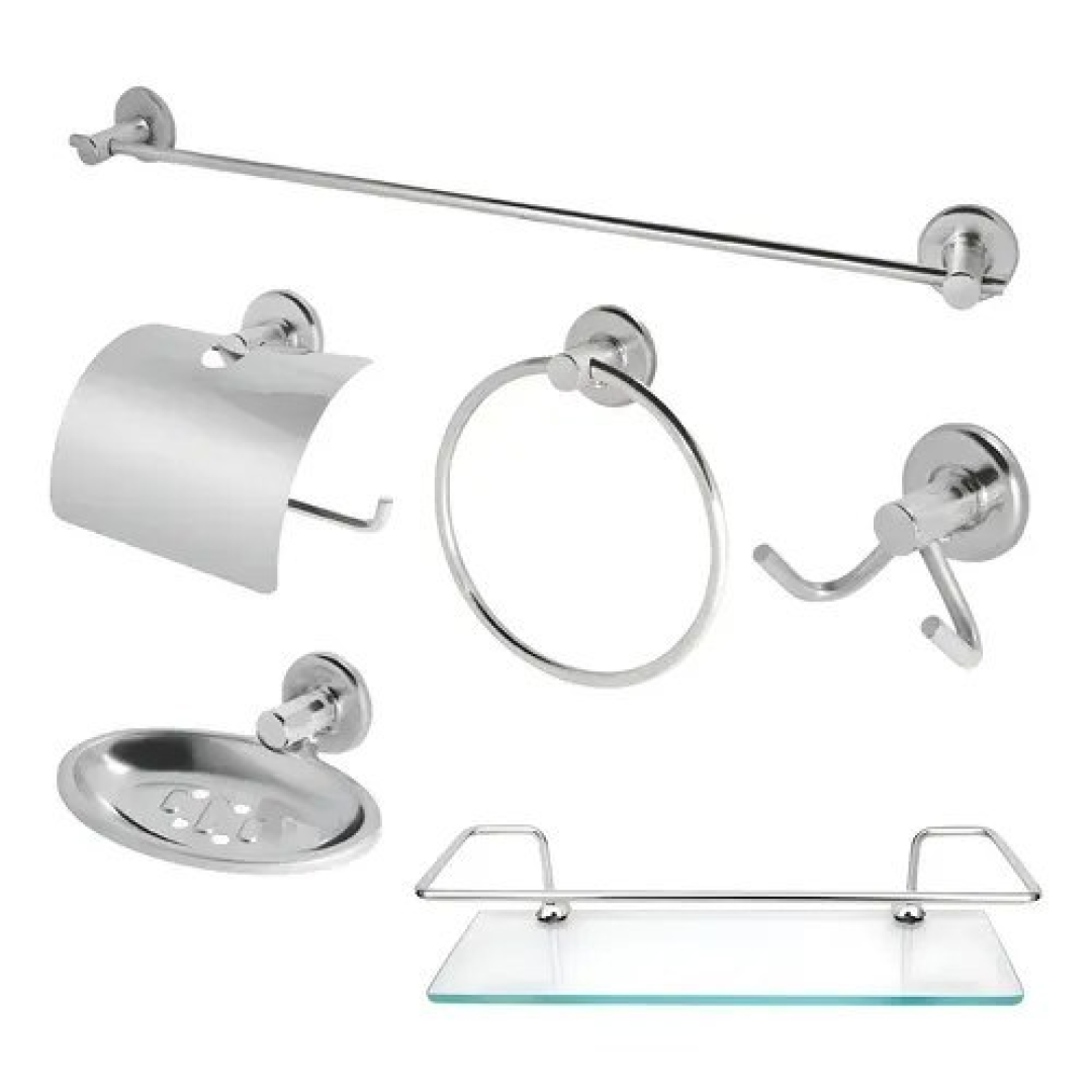 Kit Acessórios Banheiro Inox 5peças + 1 Porta Shampoo Reto Cor Prateado