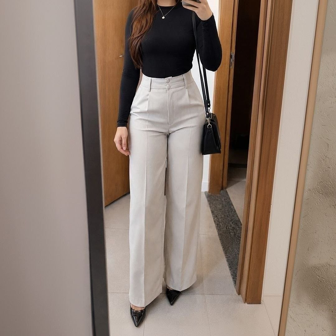 Calça Alfaiataria Feminina Wide Leg Social Cintura Alta