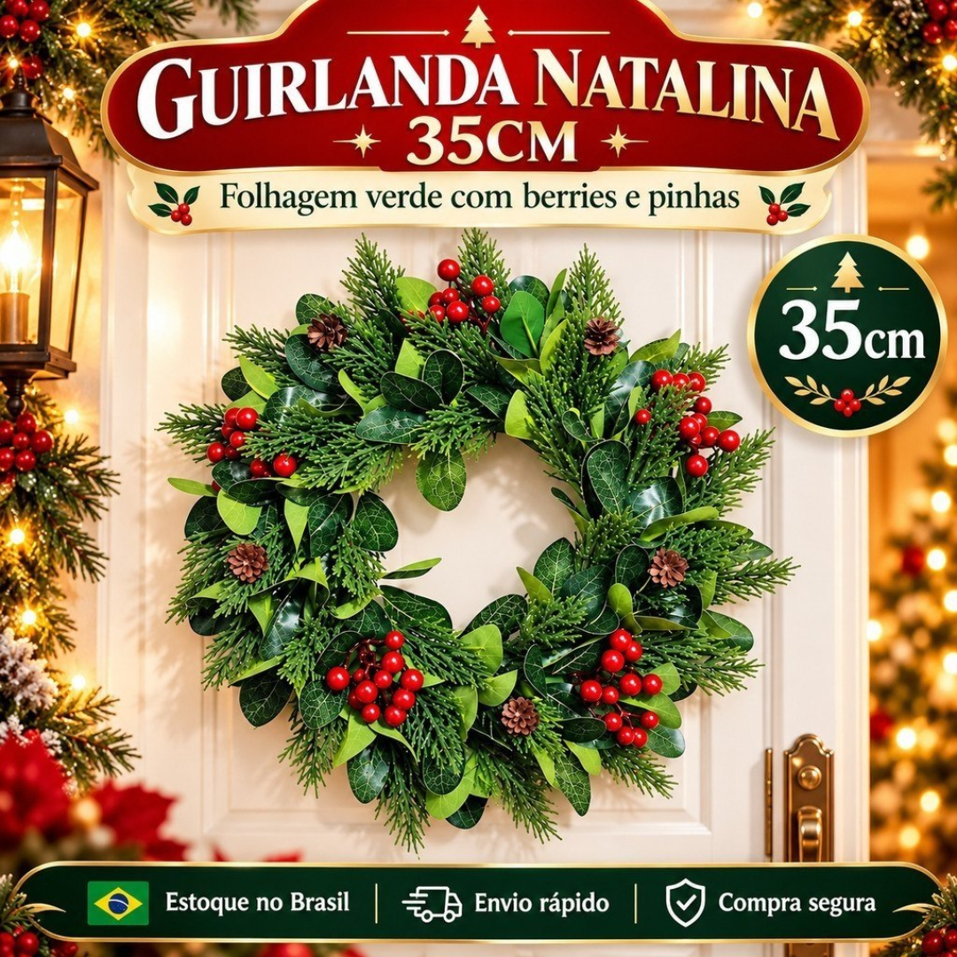 Guirlanda Natalina Premium 35cm Verde com Berries Vermelhas Pinhas Decorativas para Porta Casa Decoração de Natal