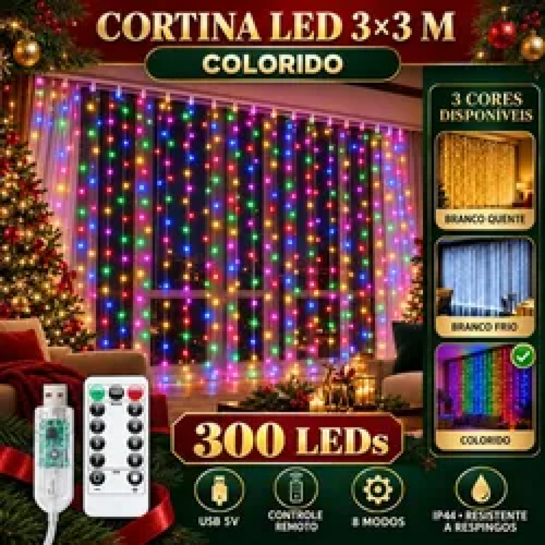 Pisca Cortina 300 Leds 3x3m 8 Modos Iluminação
