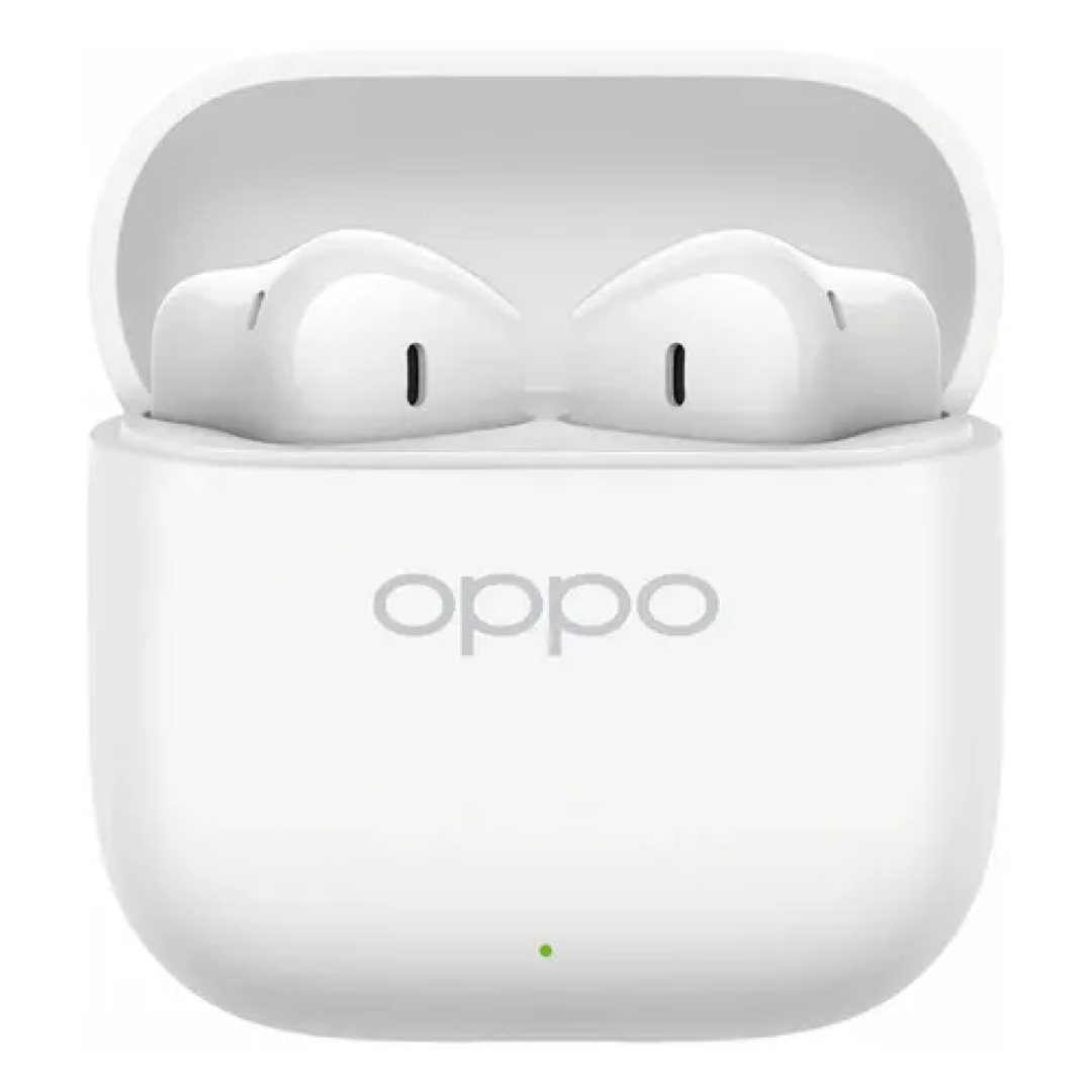 Fones de ouvido Oppo Enco Buds3 resistentes a água branca e poeira com equalizador personalizado e som inteligente.