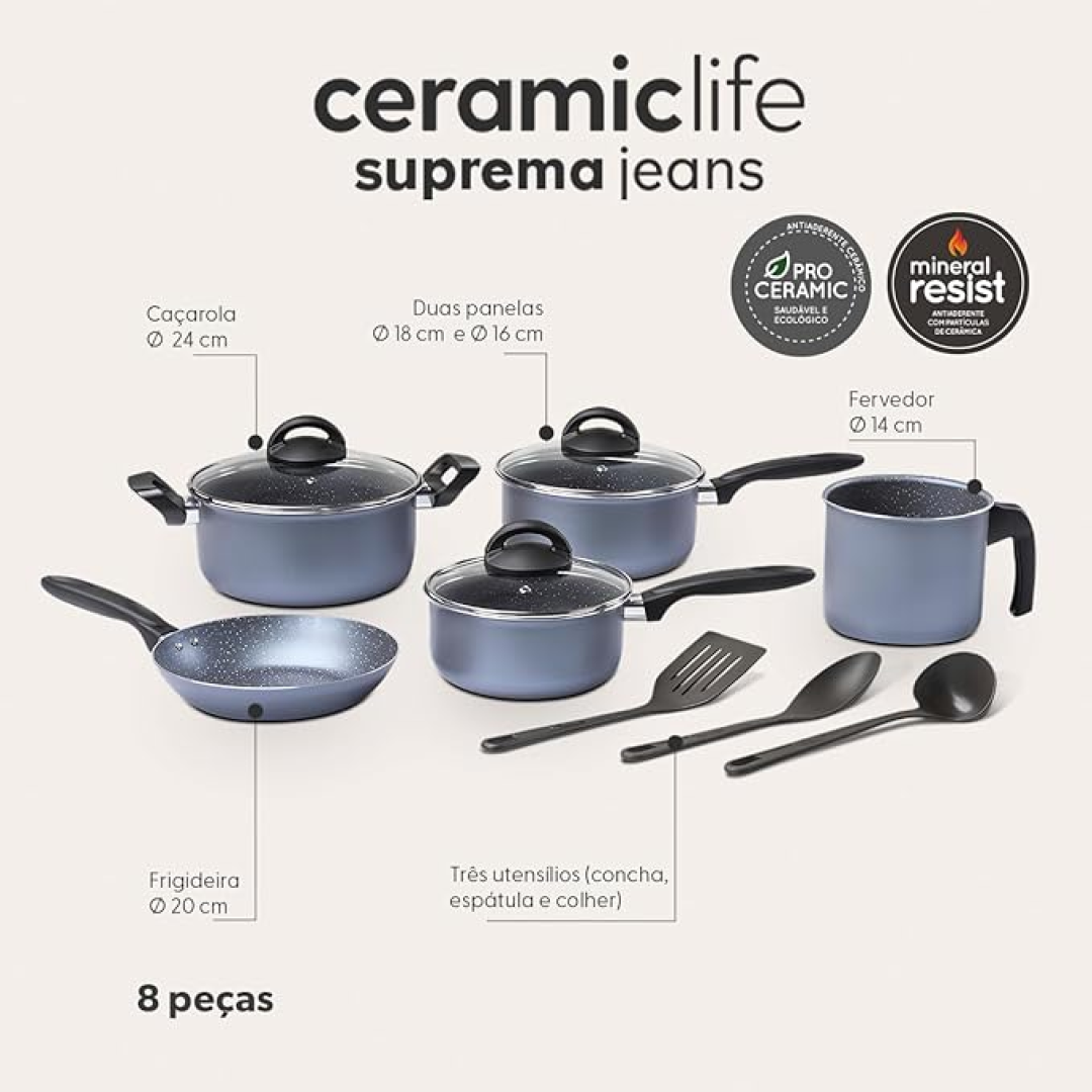 Brinox, Jogo de Panelas Brinox Antiaderente Ceramic Life 8 peças Suprema Jeans