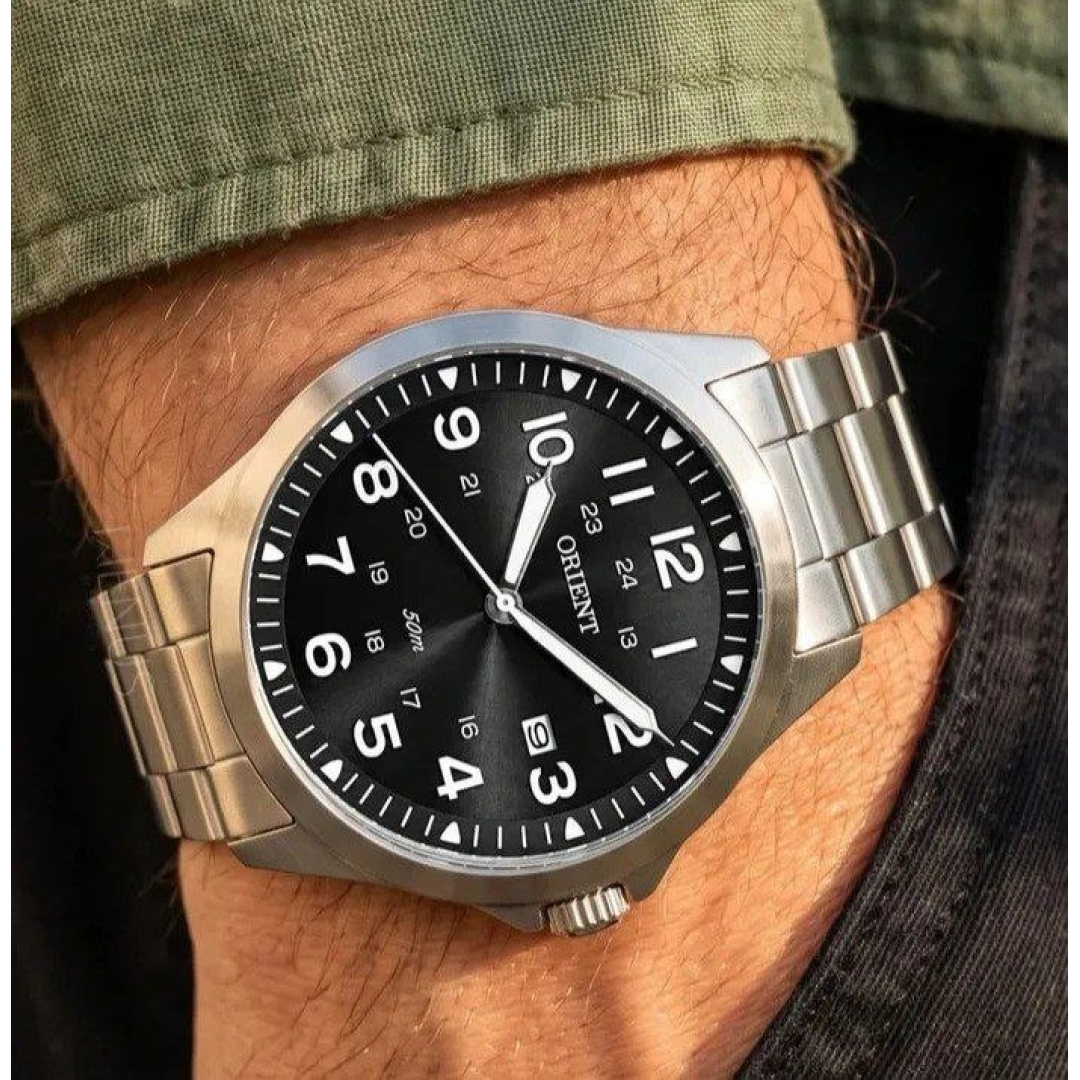 Relógio Orient Masculino Prata Fundo Preto Aço Inox