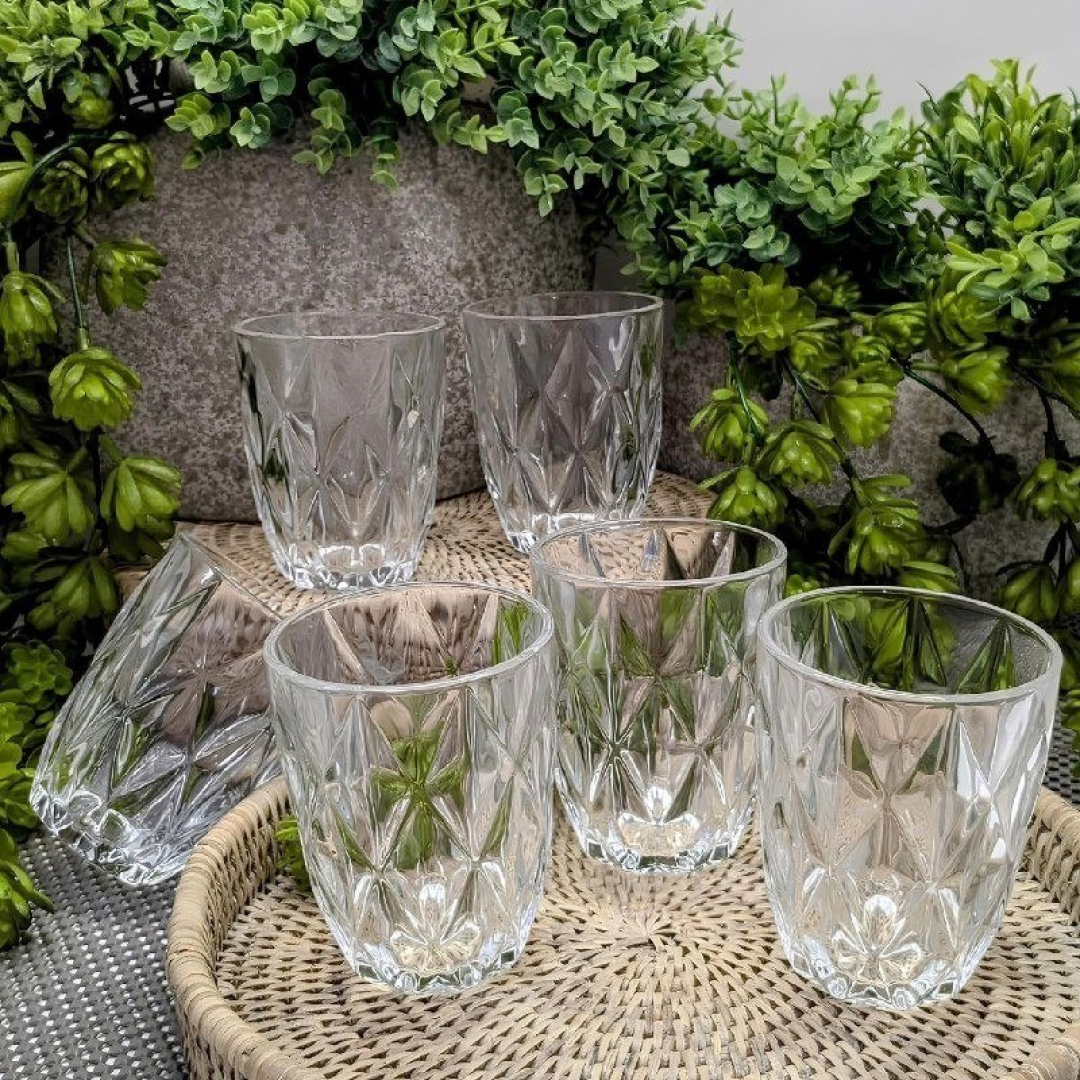 Jogo 6 Copos Diamond Egipcio 300ml Vidro Grosso Diamante Luxo Transparente Vitrex