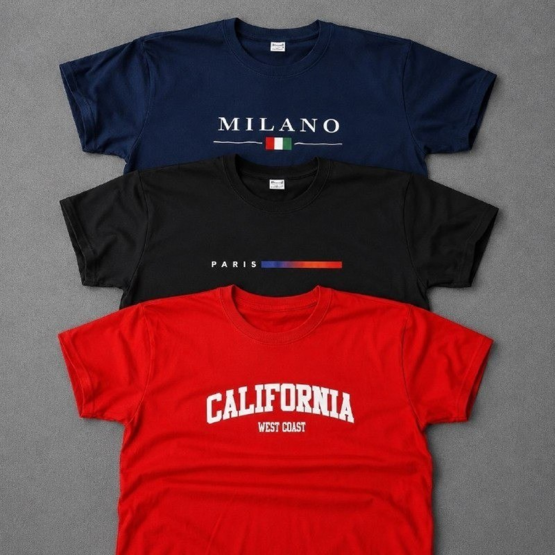 Kit com 3 Camisetas de Algodão Milano Paris Califórnia