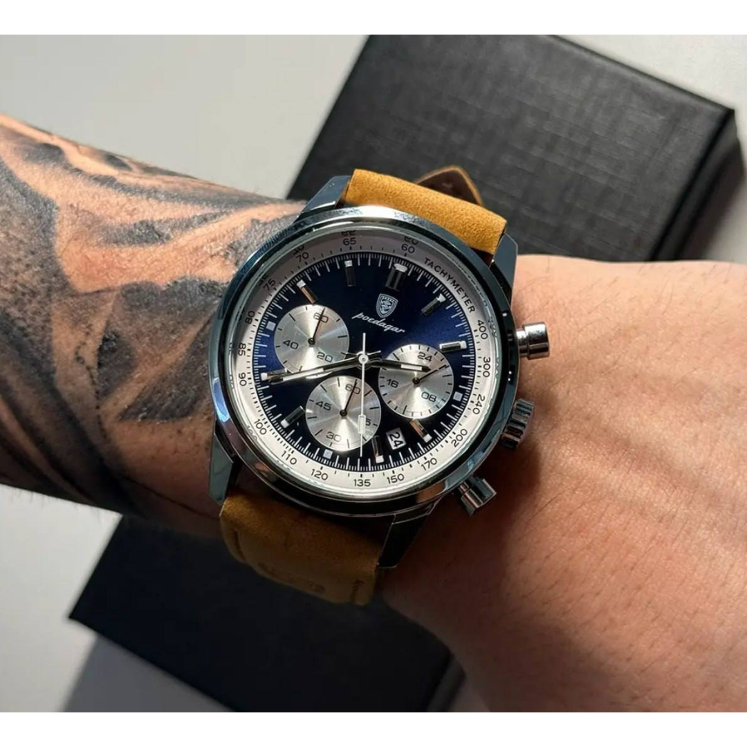 Relógio Luxo Poedagar Masculino Pulseira Em Couro Funcional