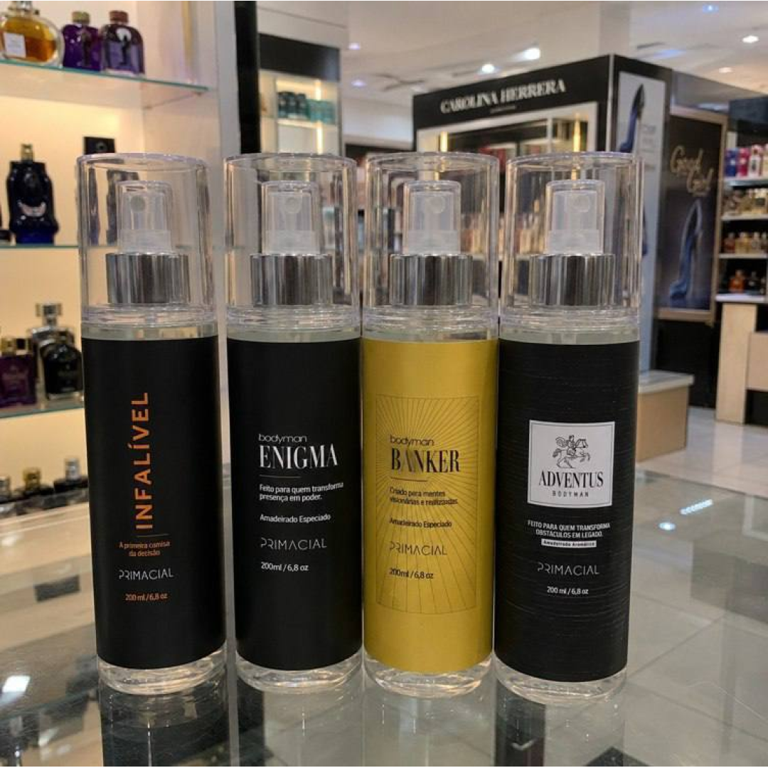 Kit Body Splash Masculino Infalivel + Enigma + Banker + Adventus 200ml - Primacial Perfume Amadeirado