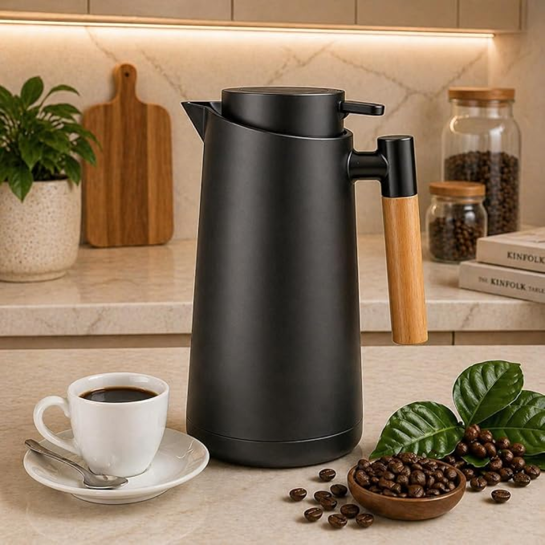 Garrafa Térmica 1L Café Chá- Preto com Cabo de Madeira - Mesa Posta Premium - Ideal Para Bebidas Quentes Anti Vazamentos