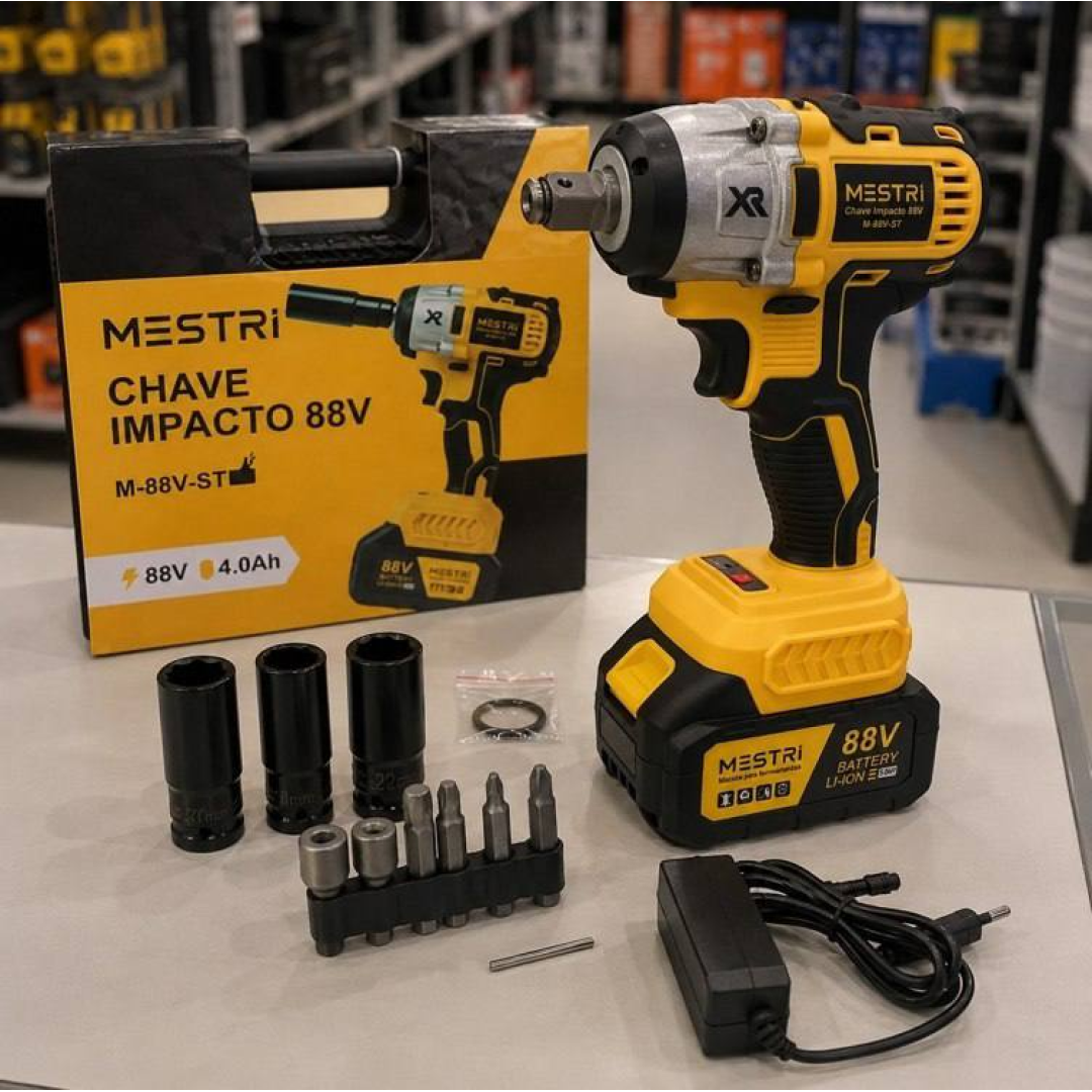 Chave De Impacto A Bateria Profissional Recarregável 88v 4ah Brushless Parafusadeira Furadeira Alta Potência Sem Escova 2 Baterias Mestri M-88v Amarel...