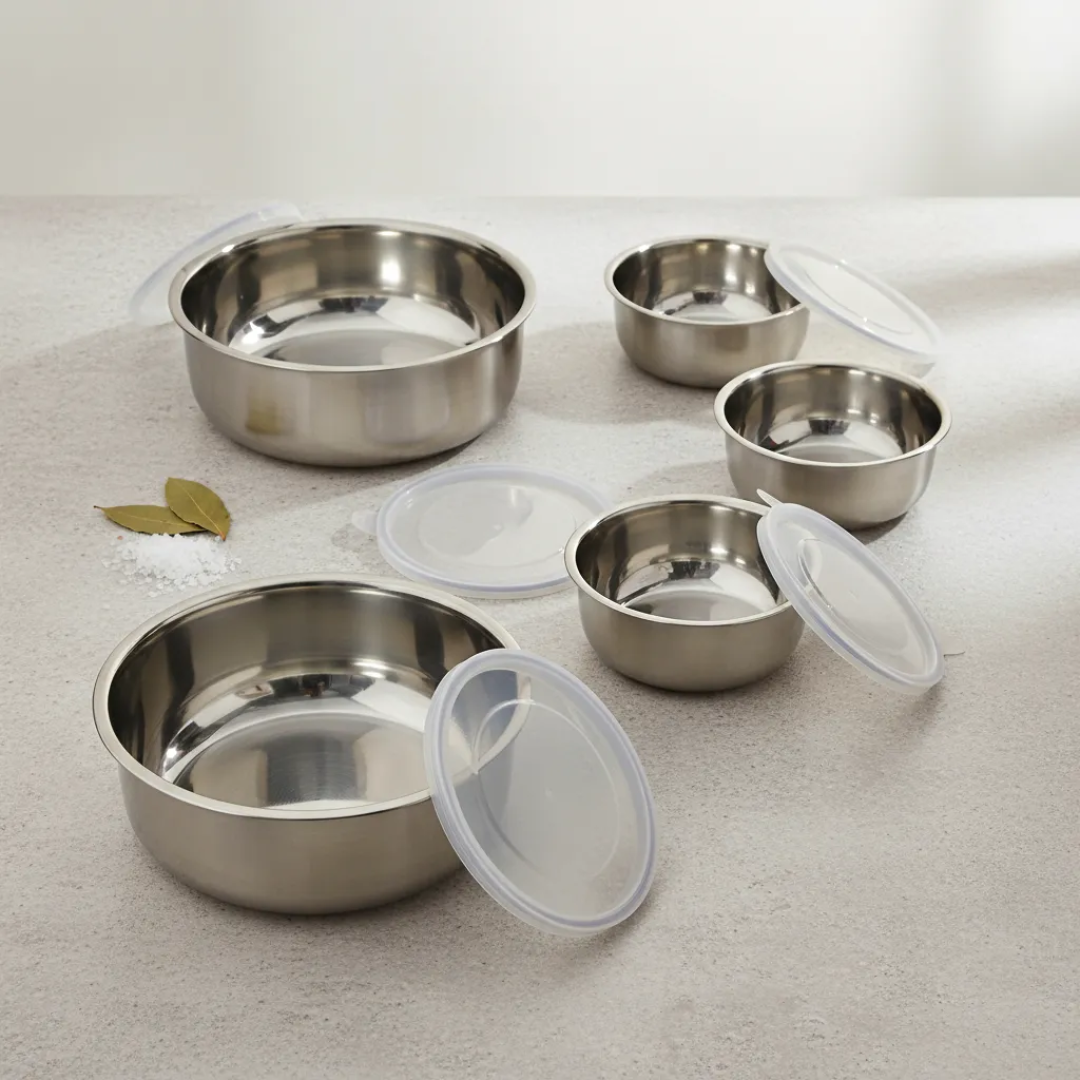 Tigelas De Inox Com Tampa Kit 5 Potes Geladeira Vazilhas