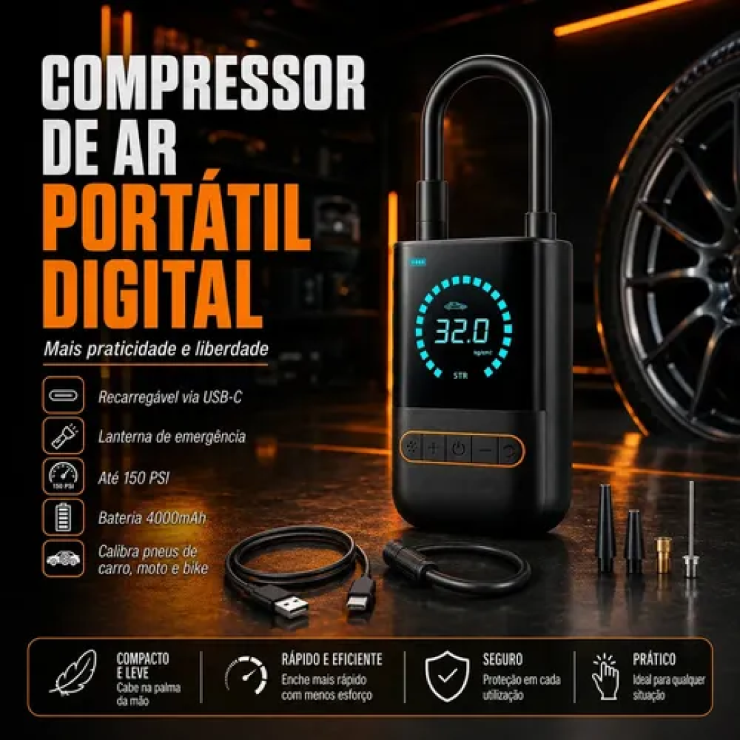 Compressor de Ar Digital Mini Portátil Recarregável 150 Psi