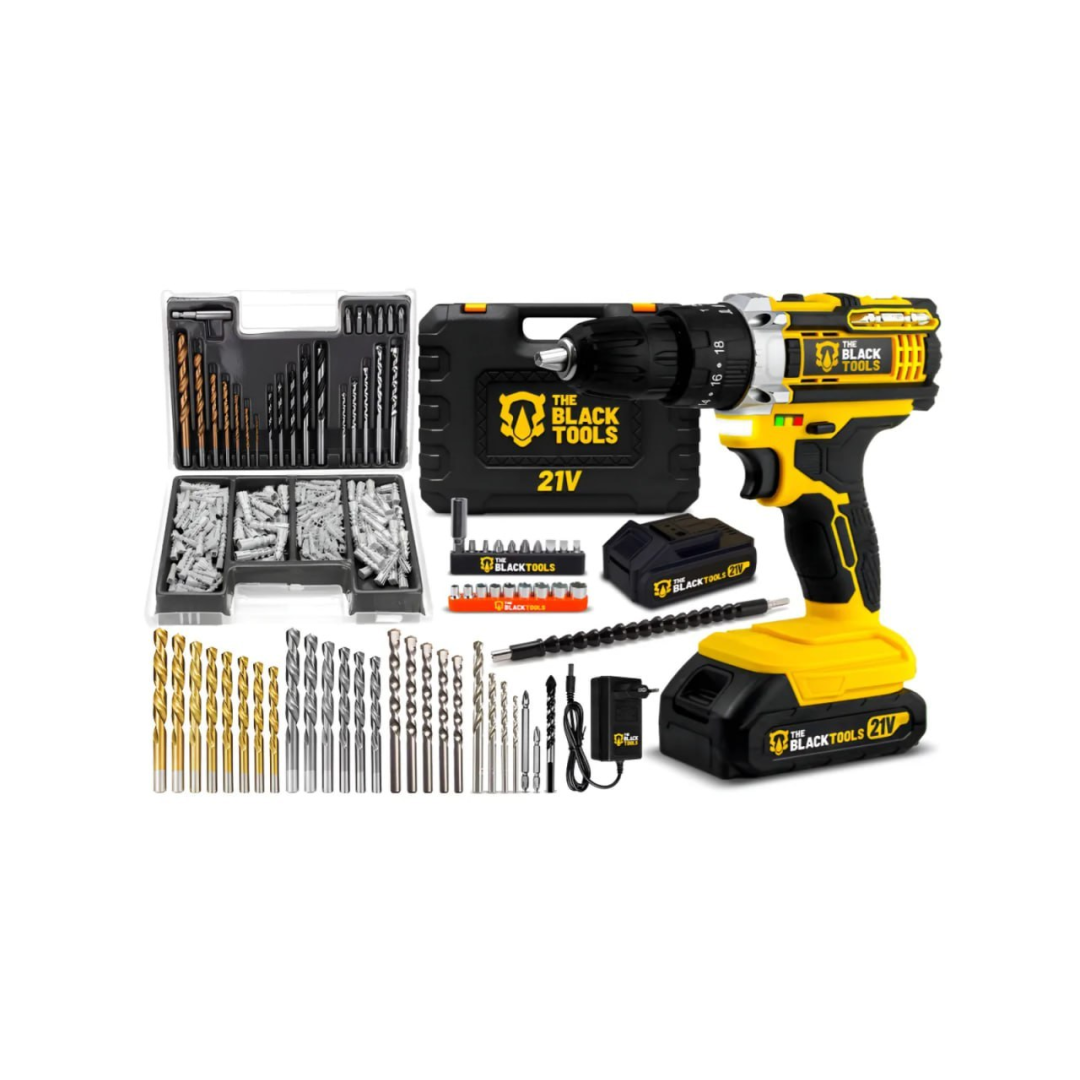 Parafusadeira e Furadeira de Impacto The Black Tools 21v C/ Kit Brocas E Buchas 300 Pçs