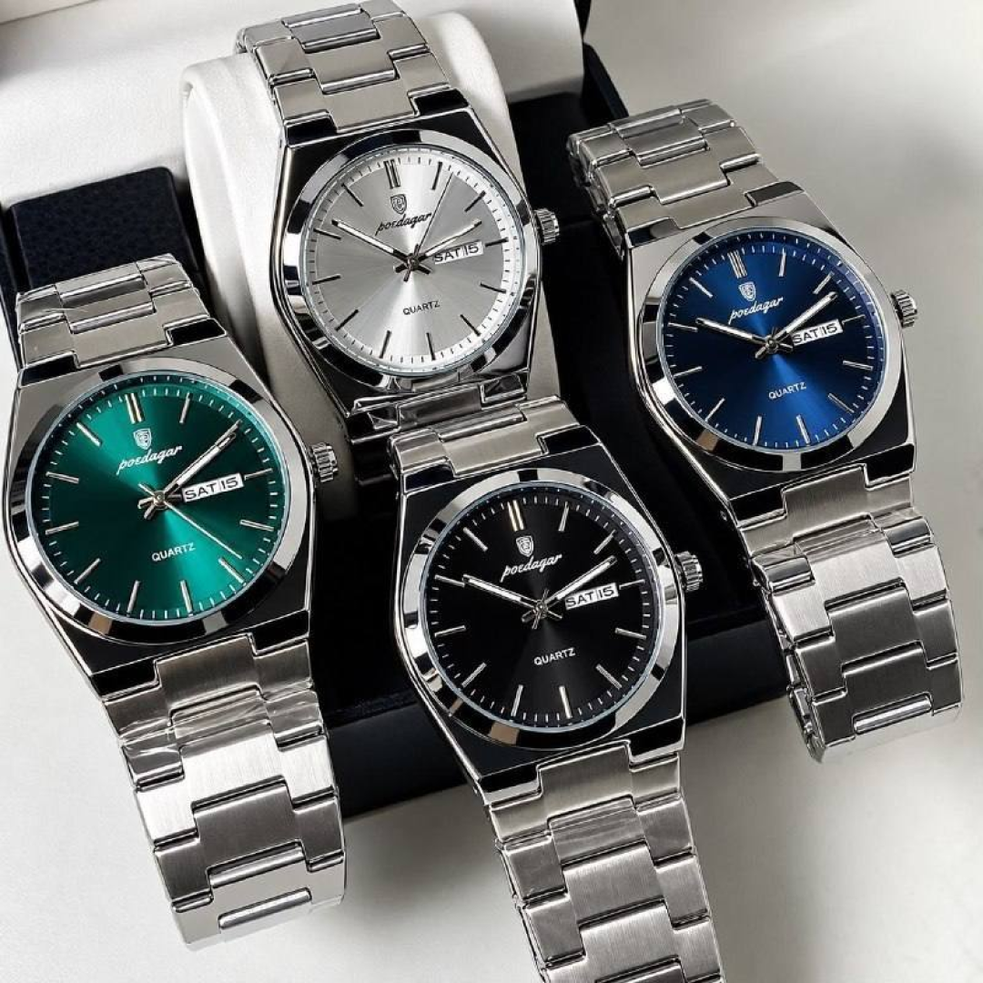 Relógio Masculino Luxo Poedagar Old Money Aço Quartzo Prata Prateado Clássico Preto Capra Pink