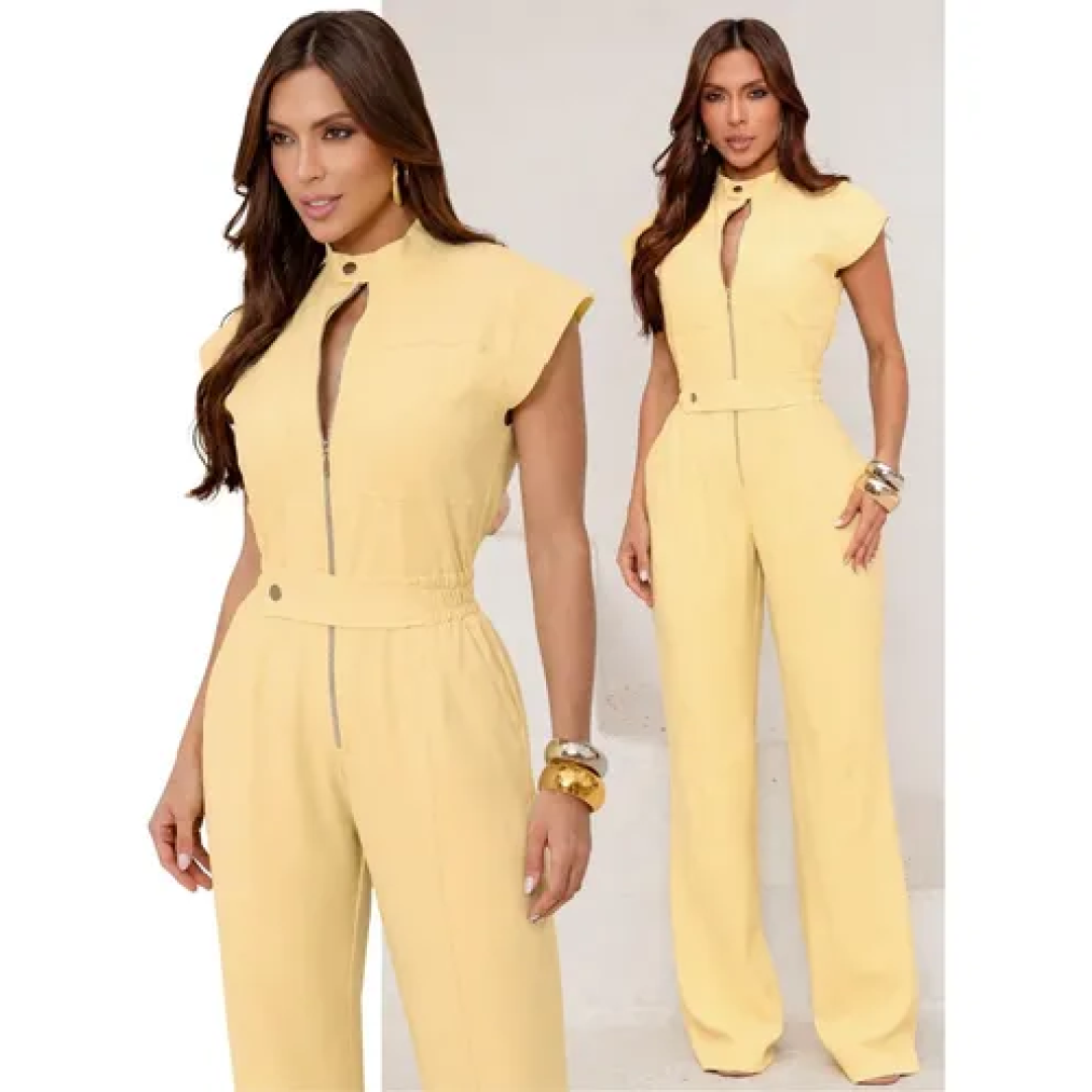 Macacão Feminino Cargo Longo Alfaiataria Ziper Frontal
