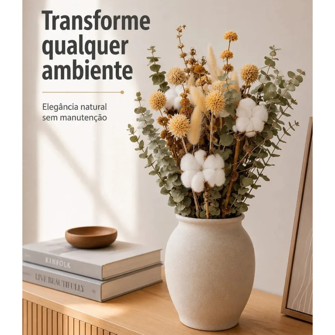 Buquê de Flores Naturais Desidratadas: Algodão, Eucalipto e Craspédia para Decoração Boho