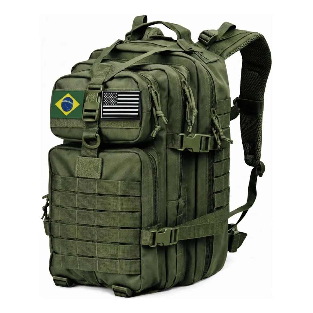 Mochila Tática Militar 50l Masculina Reforçada Impermeável Viagem Camping Pesca Com 2 Patchs Bandeiras Brasil Eua Verde Bagear