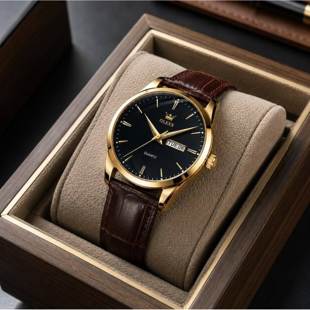 Relógio Social Masculino A Prova D'água Couro Olevs Luxo Nf Marrom Dourado Preto