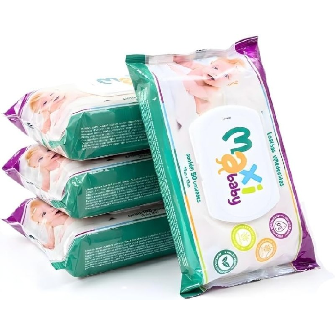 Kit com 4 Toalhas Lenços Umedecidos Hipoalergênico 50un Cada Maxi Baby