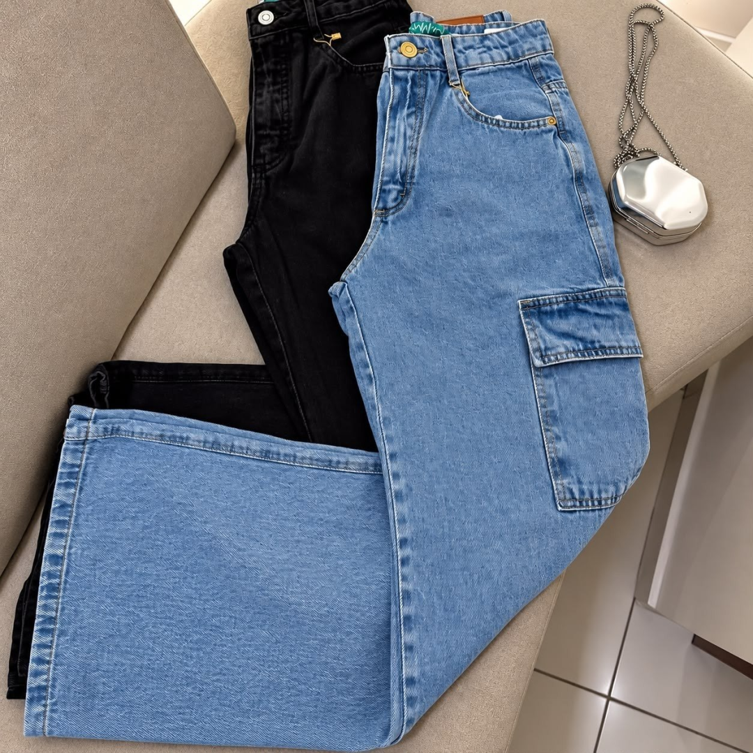 Calça Cargo Wide Leg Cintura Alta Jeans (9 cores)