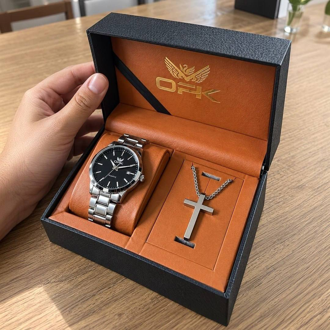 Opk Original Conjunto De Relógio E Colares Masculino 6010 Prateado Preto