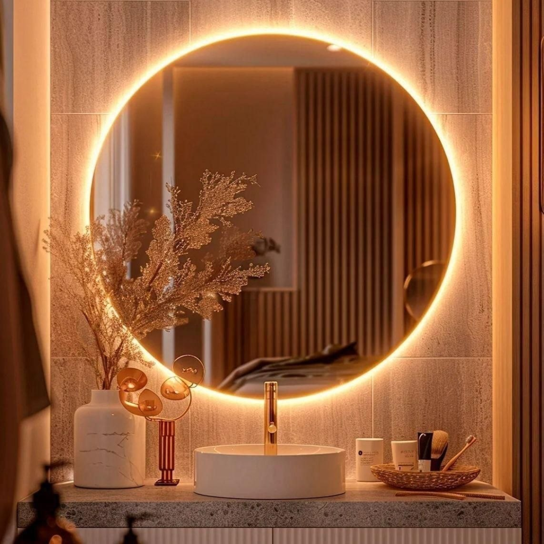 Espelho Redondo 40cm Com Iluminação Led Fria Para Parede - Ideal Para Quarto, Banheiro E Sala, Moldura Lapidada De 40cm, Perfeito Para Decoração Redon...