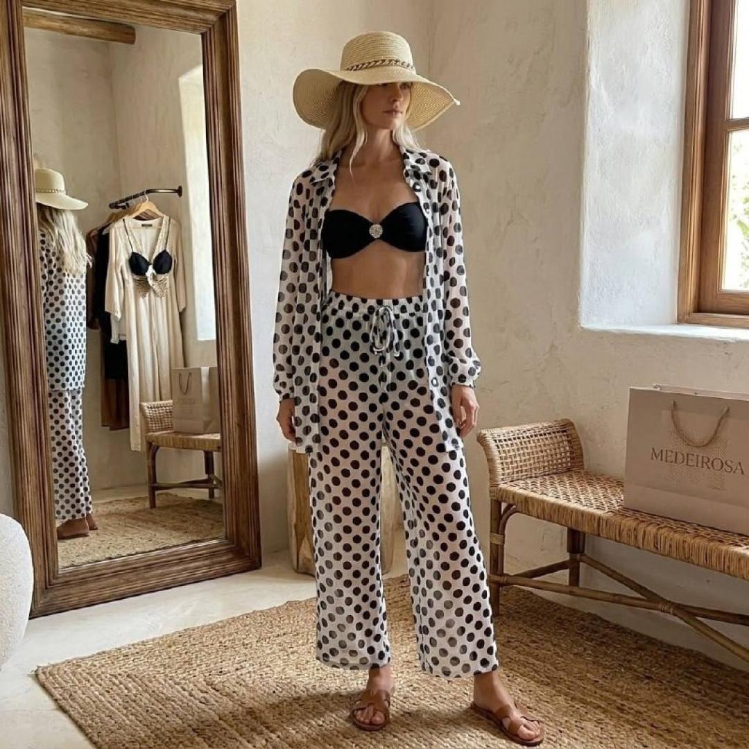 Conjunto Saída De Praia Em Tule - Camisa E Calça Estampados Poá Branoc Unico
