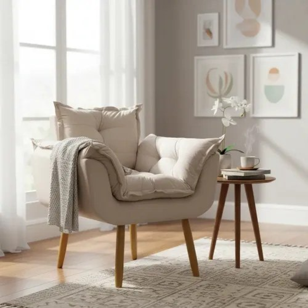 Poltrona Decorativa Amamentação Para Sala Recepção Manicure Confortável Cadeira Reforçada Alice Suede Bege Suede Liso